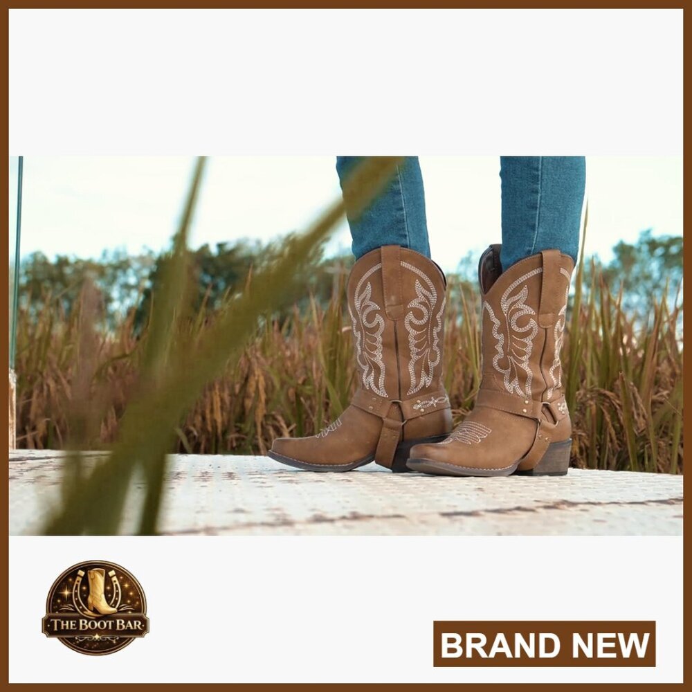 Square Toe Cowgirl Boots Mid Calf Western Riding Boots with Removable Buckle - Picture 7 of 7
